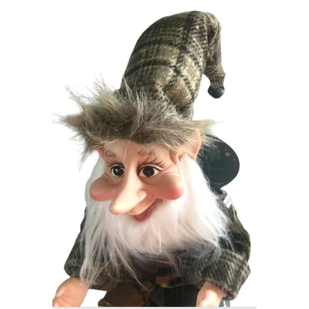 Christmas Pixie Elf Doll Gnome Gold Braid Trim Posable Hanging Bells Brown Plaid